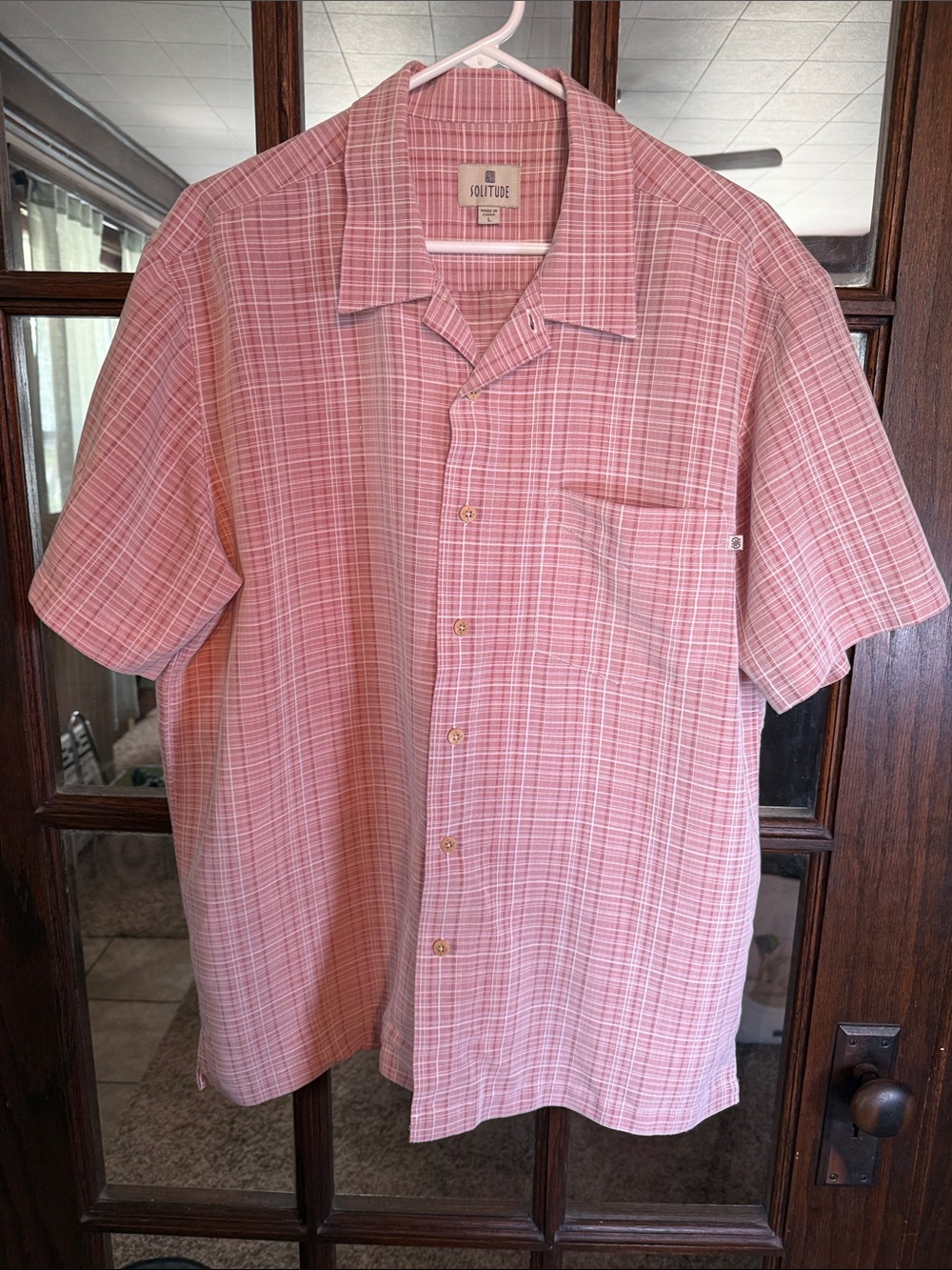 Solitude Mens Short Sleeve Button Down Shirt Pink Grid Camp Collar Large